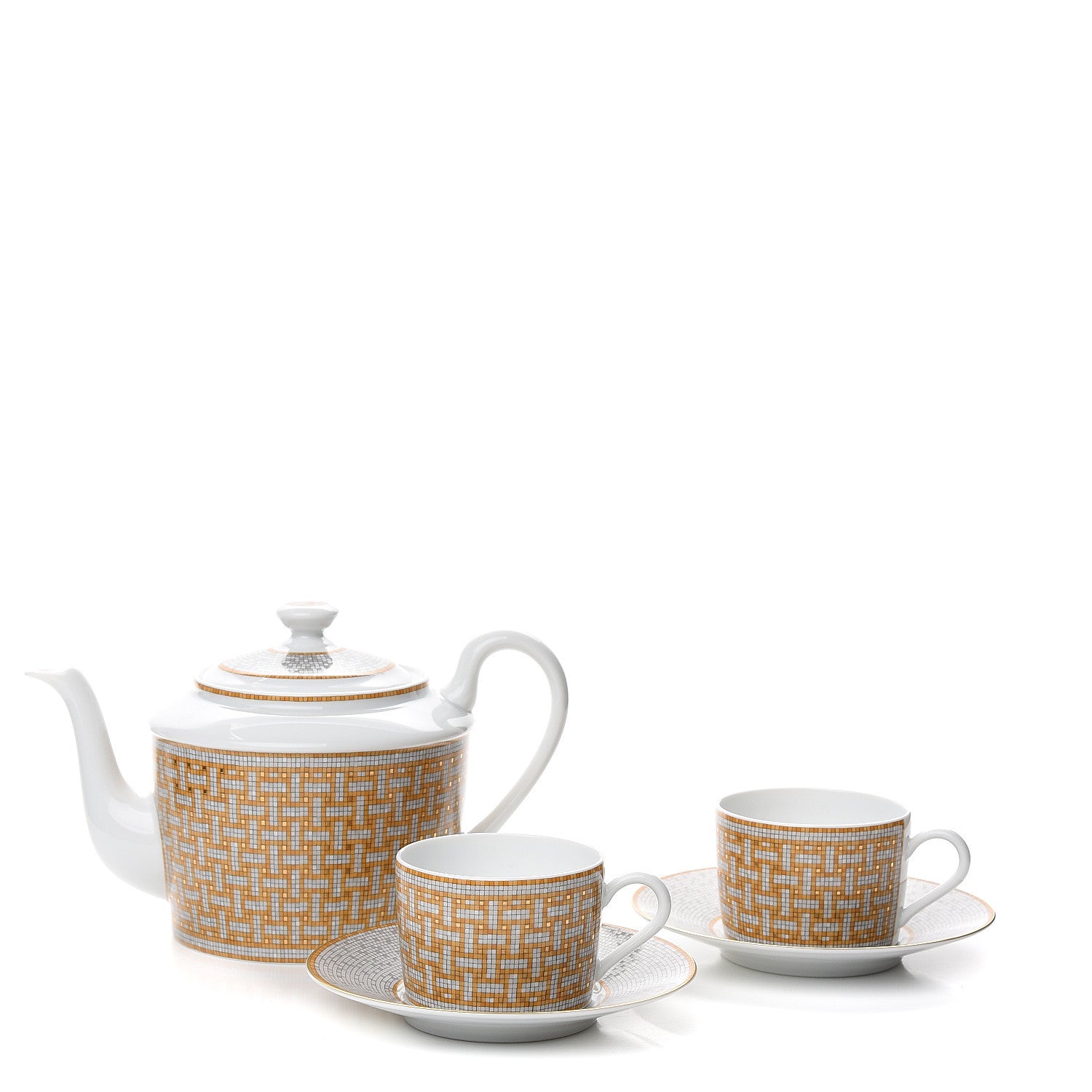 Hermes Porcelain 24 Gold Mosaique Teapot Cup Set Gold 1 of 12