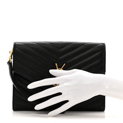 Saint Laurent Grain De Poudre Matelasse Chevron Monogram Envelope Clutch Black 2 of 12
