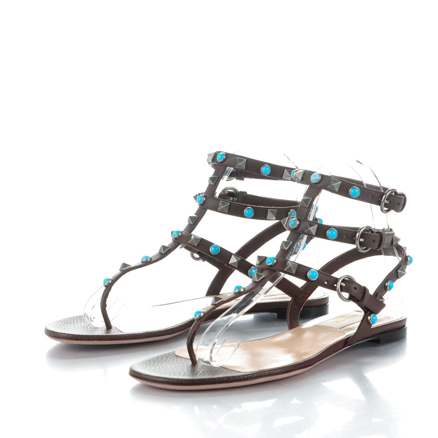 Valentino Garavani Calfskin Rockstud Rolling Ankle Wrap Flat Thong Sandals 36.5 Cacao 3 of 7