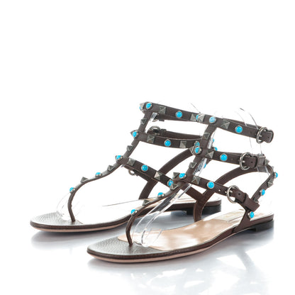 Valentino Garavani Calfskin Rockstud Rolling Ankle Wrap Flat Thong Sandals 36.5 Cacao 3 of 7