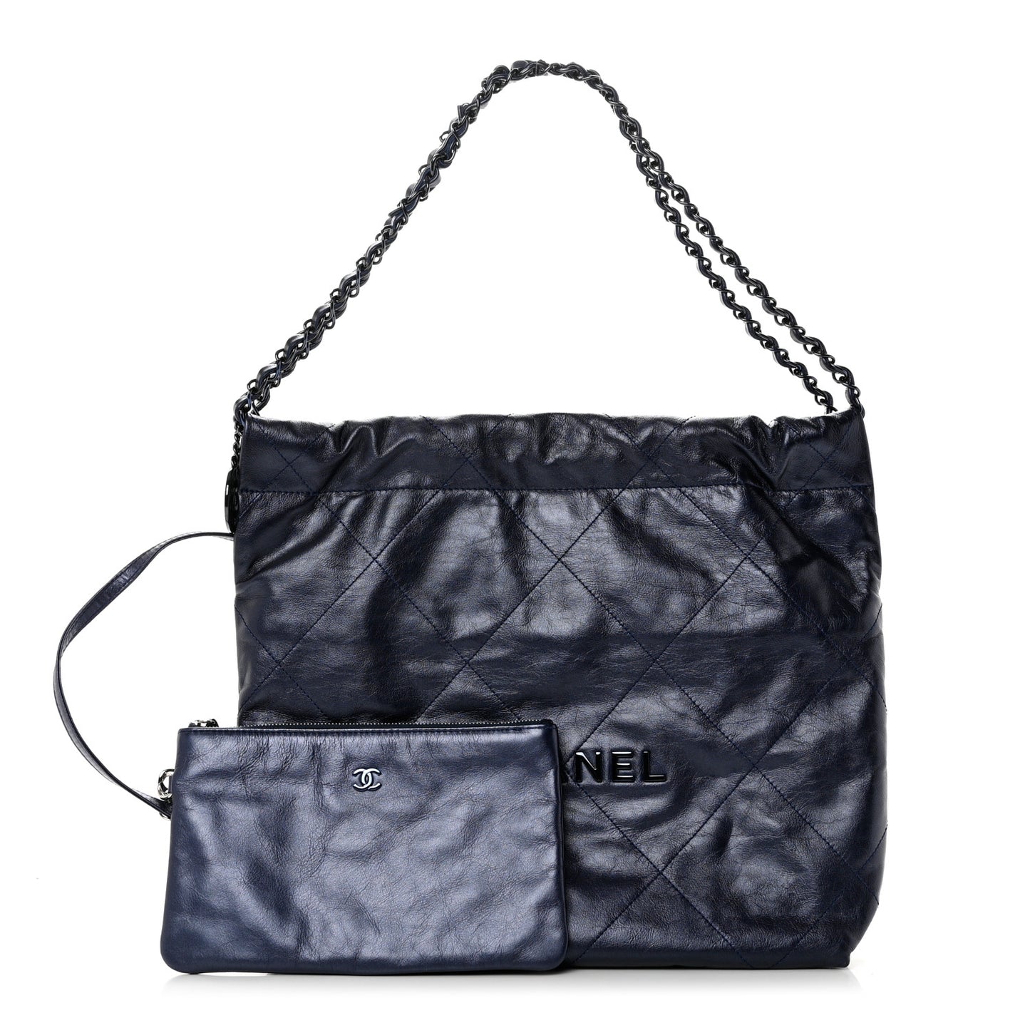 Metallic Calfskin Quilted Chanel 22 Navy Blue