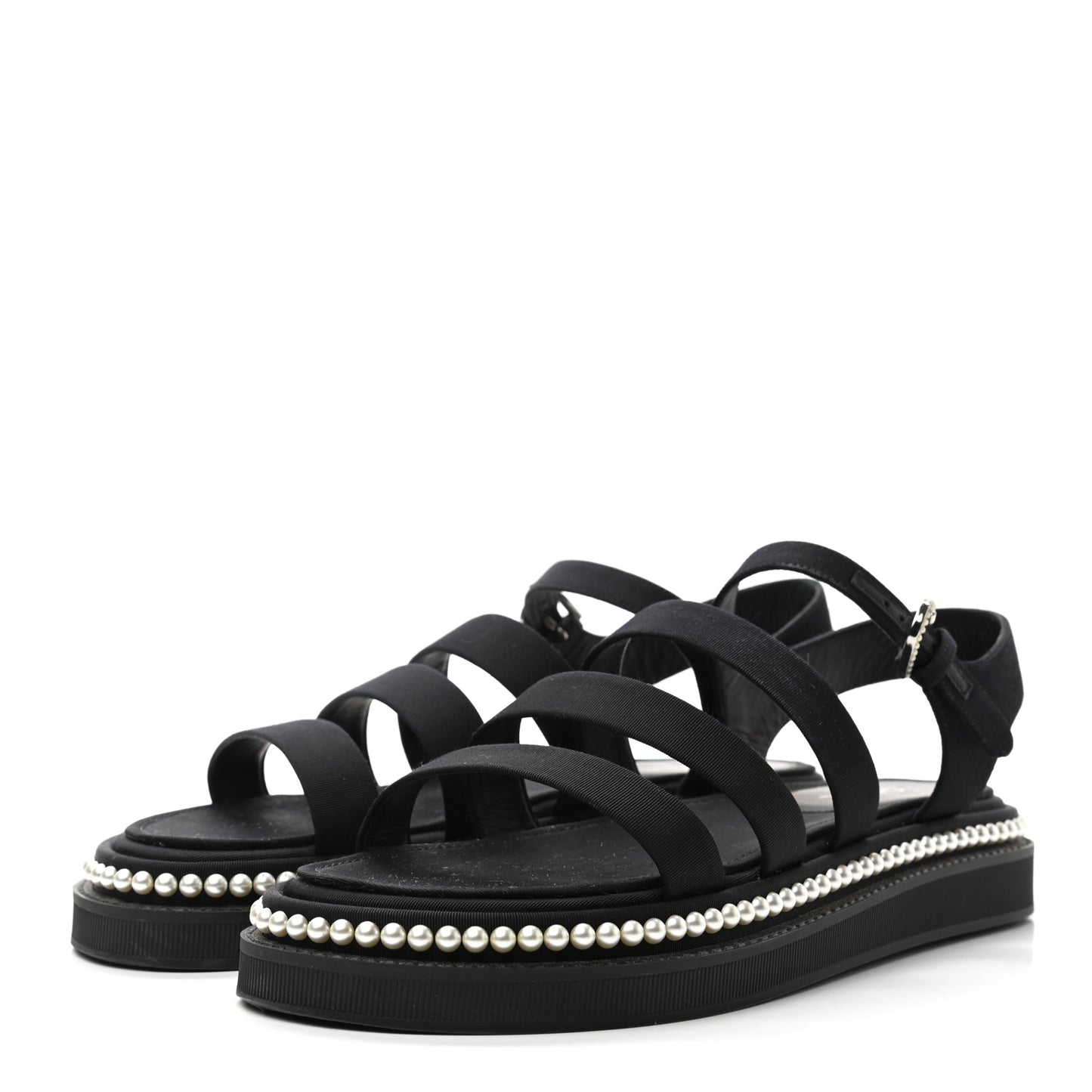 Grosgrain Pearl Flat Sandals 38.5 Black