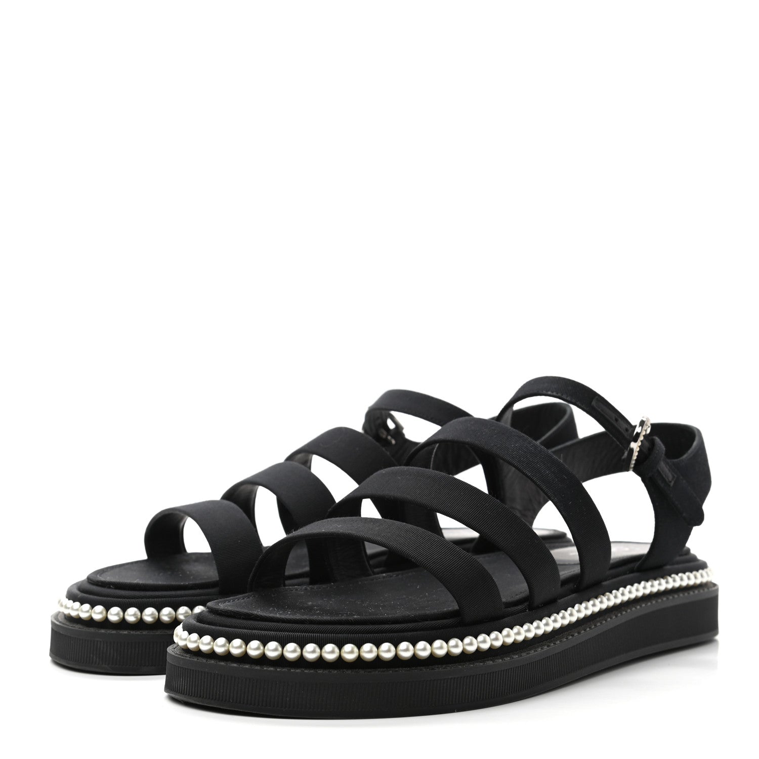 Chanel Grosgrain Pearl Flat Sandals 38.5 Black 3 of 11