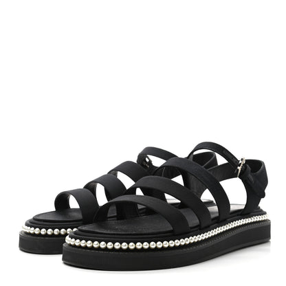 Chanel Grosgrain Pearl Flat Sandals 38.5 Black 3 of 11