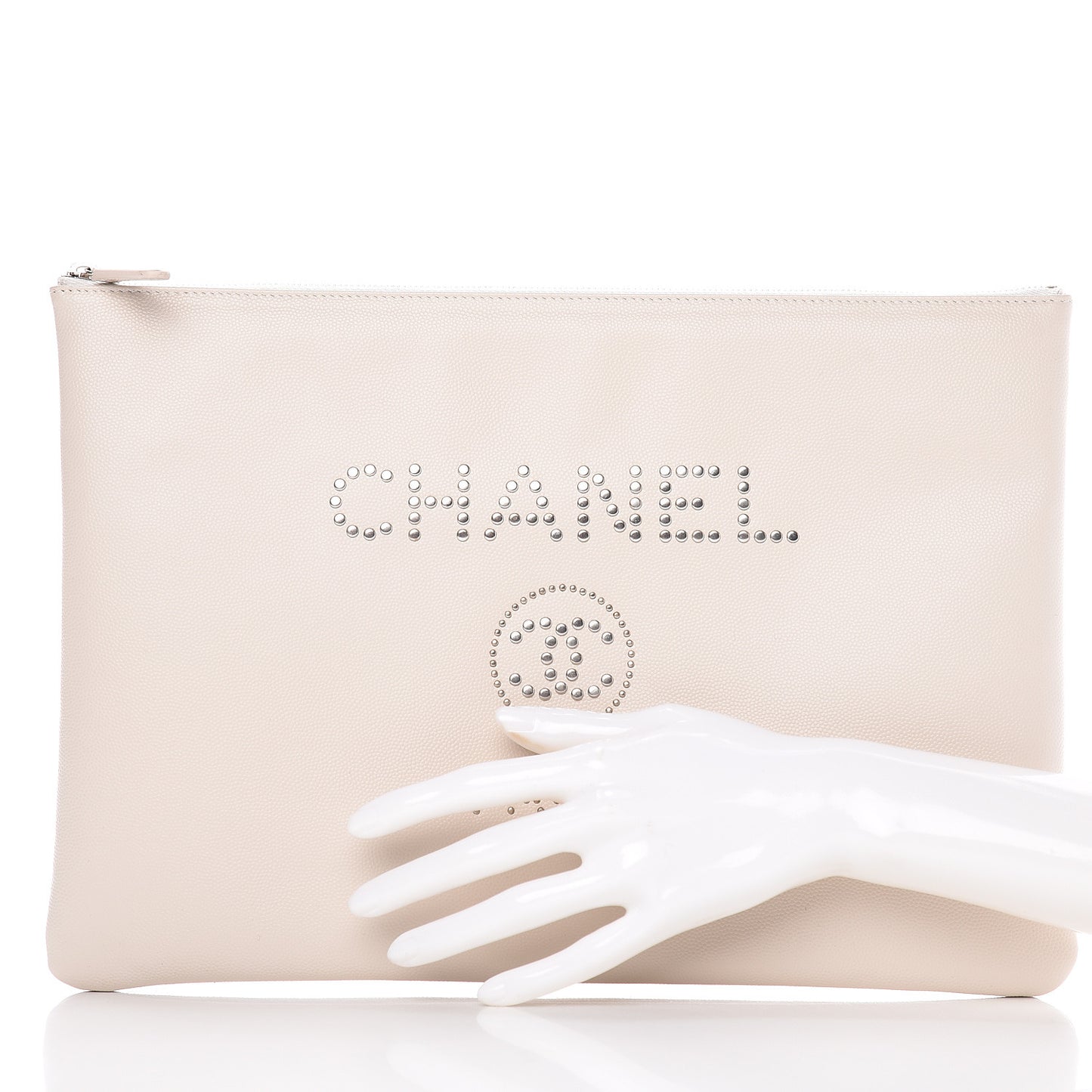 Caviar Studded Large Deauville Pouch Beige