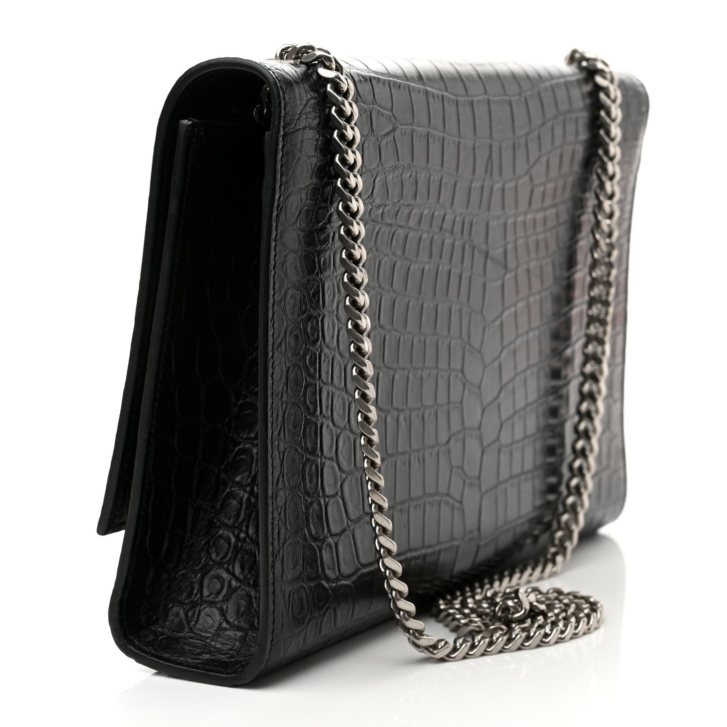 Calfskin Crocodile Embossed Large Classic Monogram Kate Satchel Black