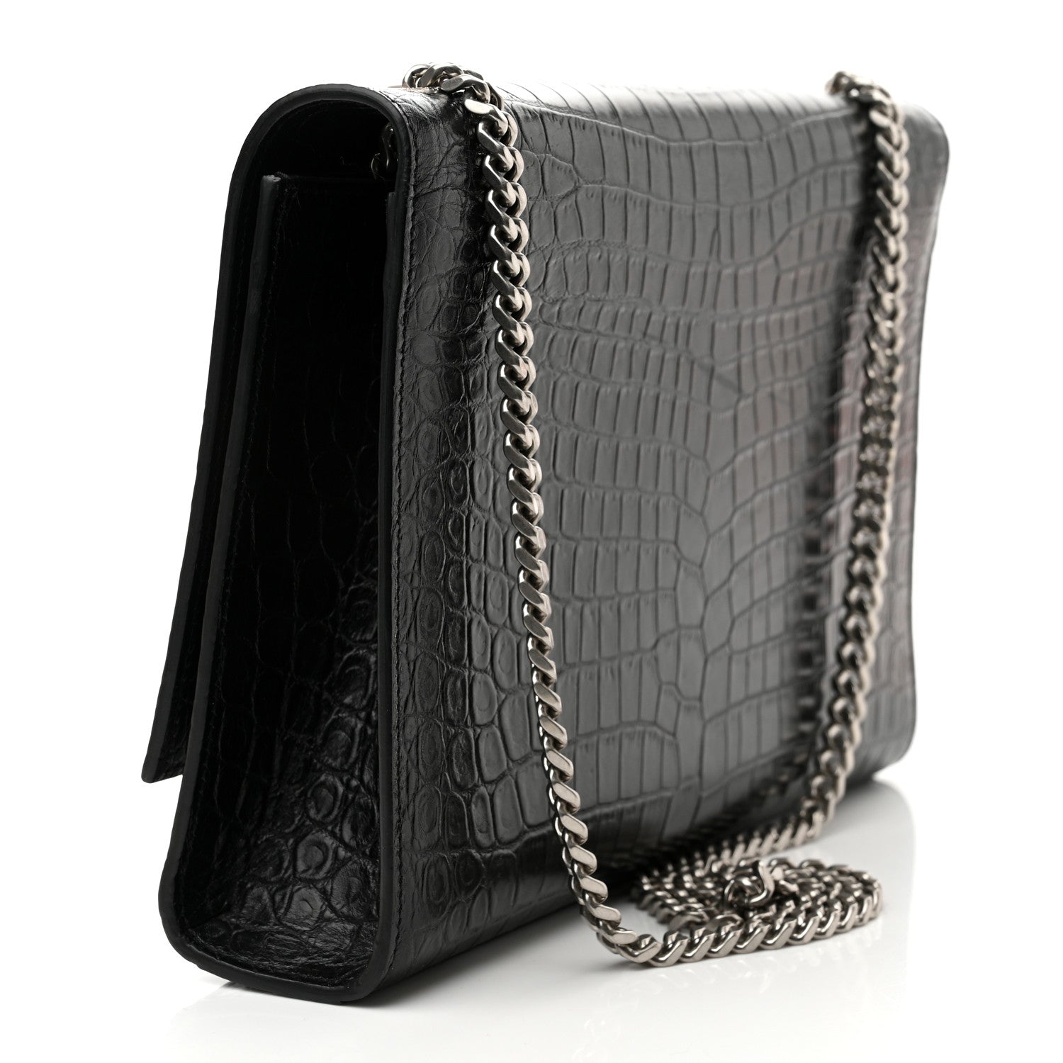 Saint Laurent Calfskin Crocodile Embossed Large Classic Monogram Kate Satchel Black 3 of 8