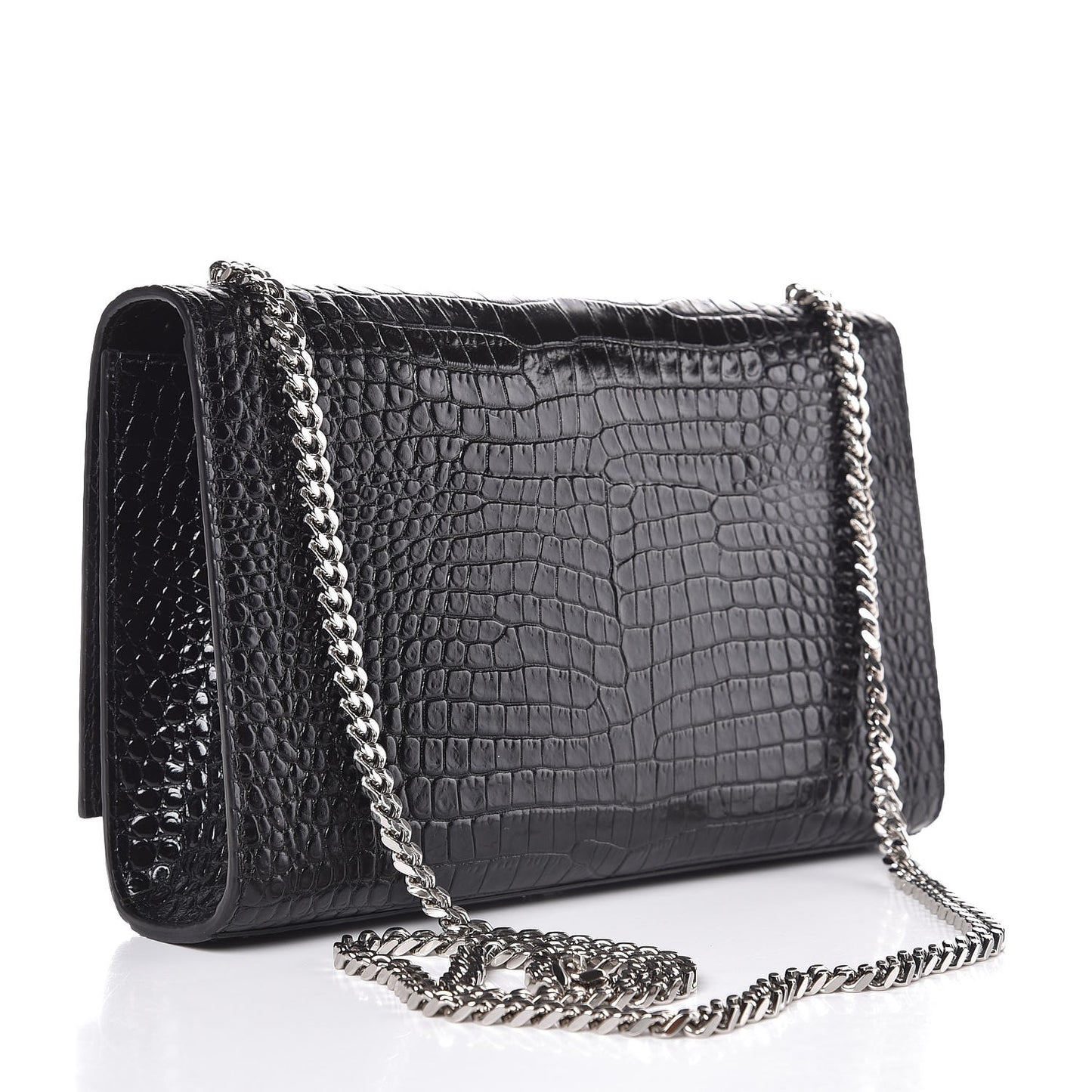 Calfskin Crocodile Embossed Medium Classic Monogram Kate Tassel Satchel Black