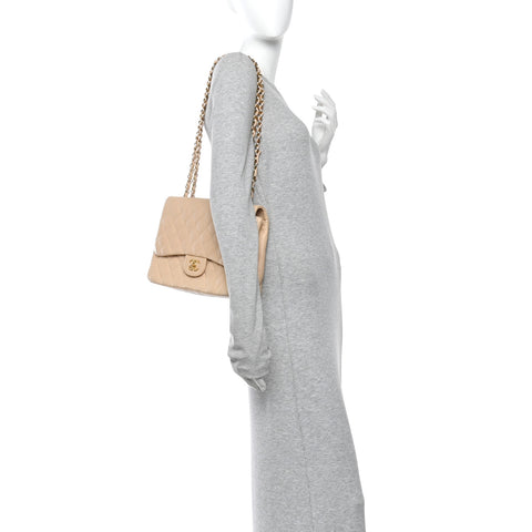 Lambskin Quilted Jumbo Single Flap Beige