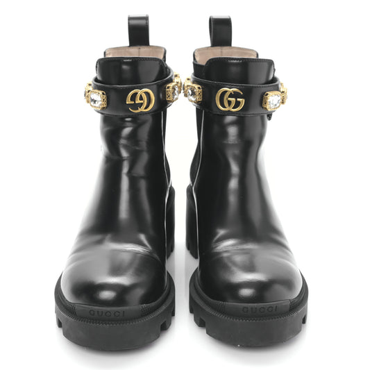 Calfskin Crystal GG Trip Chelsea Ankle Boots 37 Black