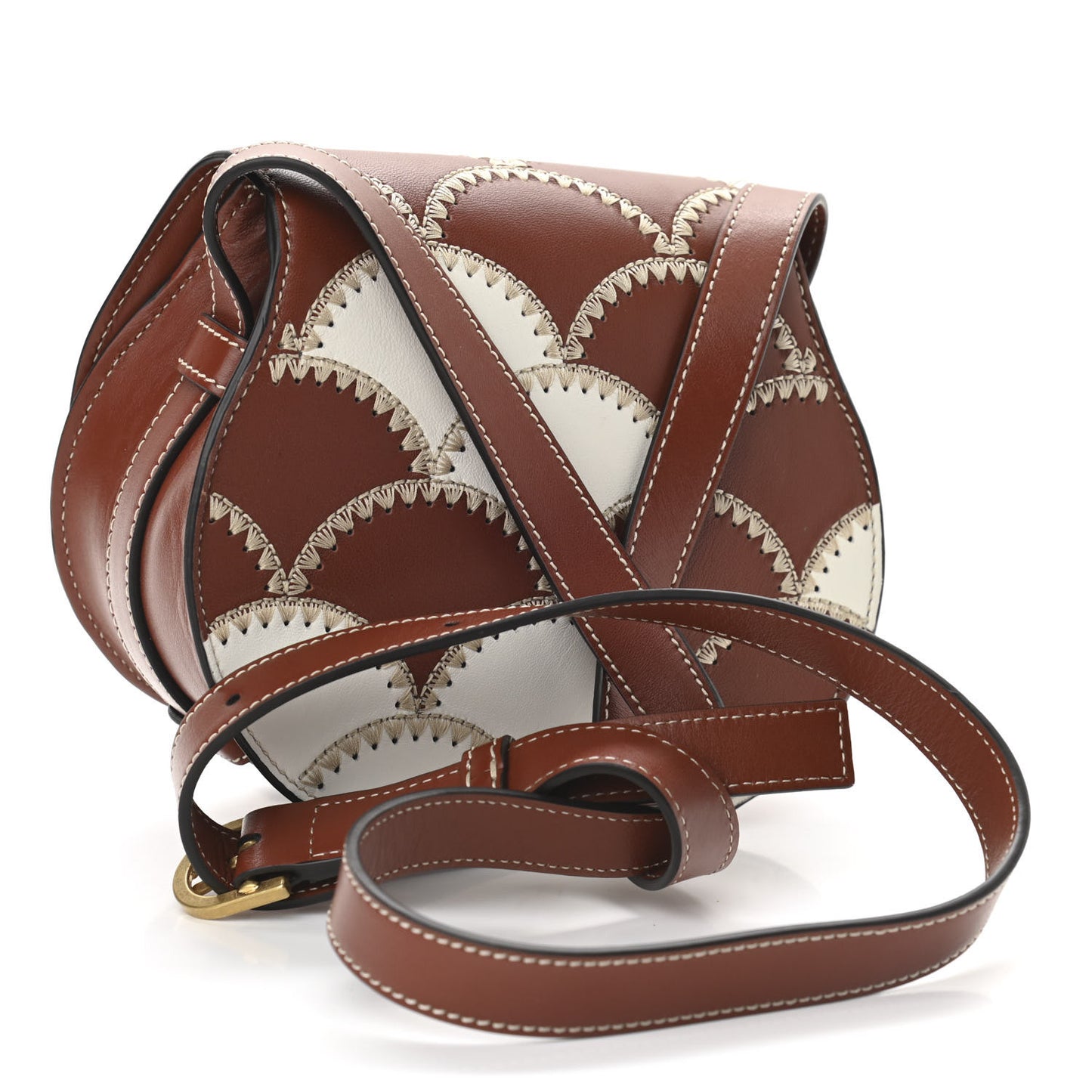 Nappa Shiny Calfskin Patchwork Small Marcie Round Crossbody Sepia Brown