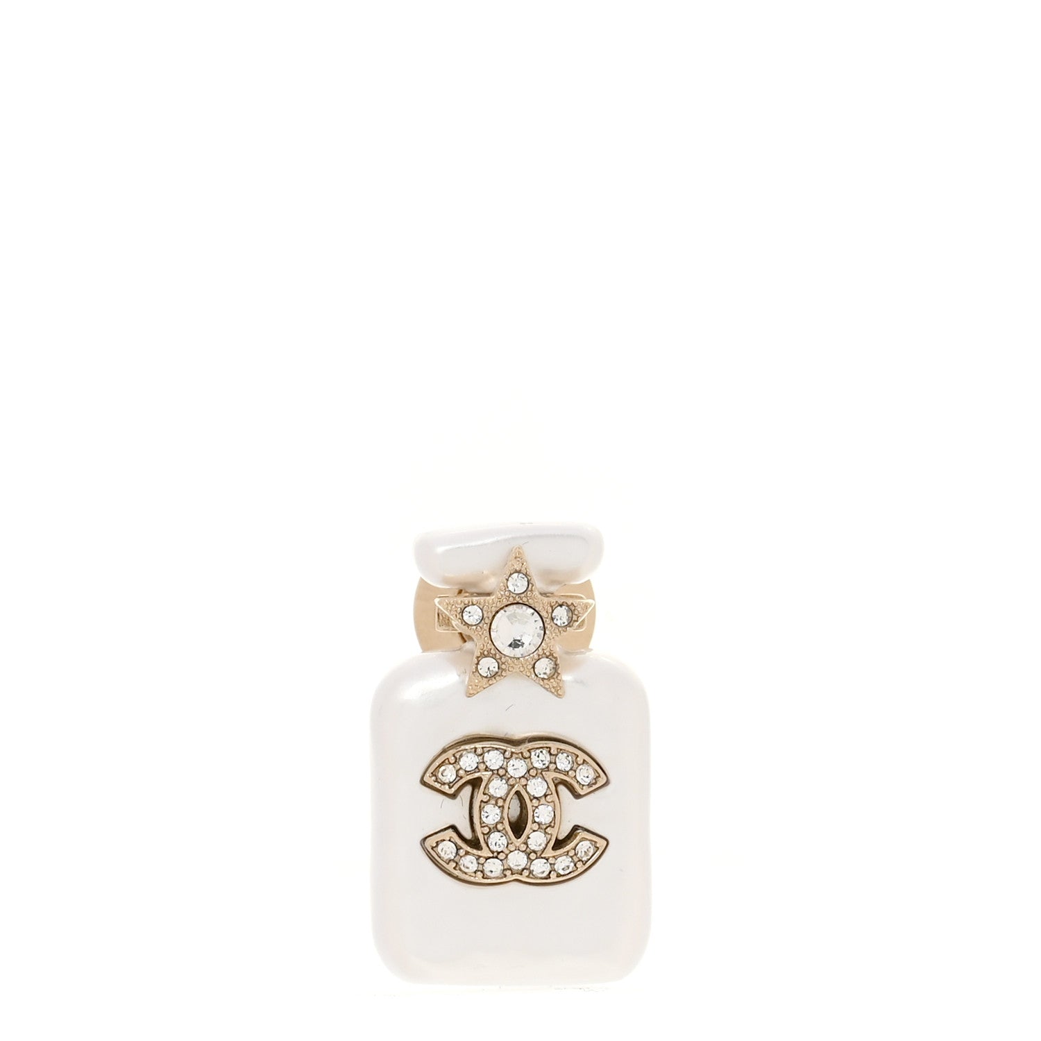 Chanel Pearl Resin Crystal CC Perfume Bottle Brooch Gold Pearly White 1 of 4