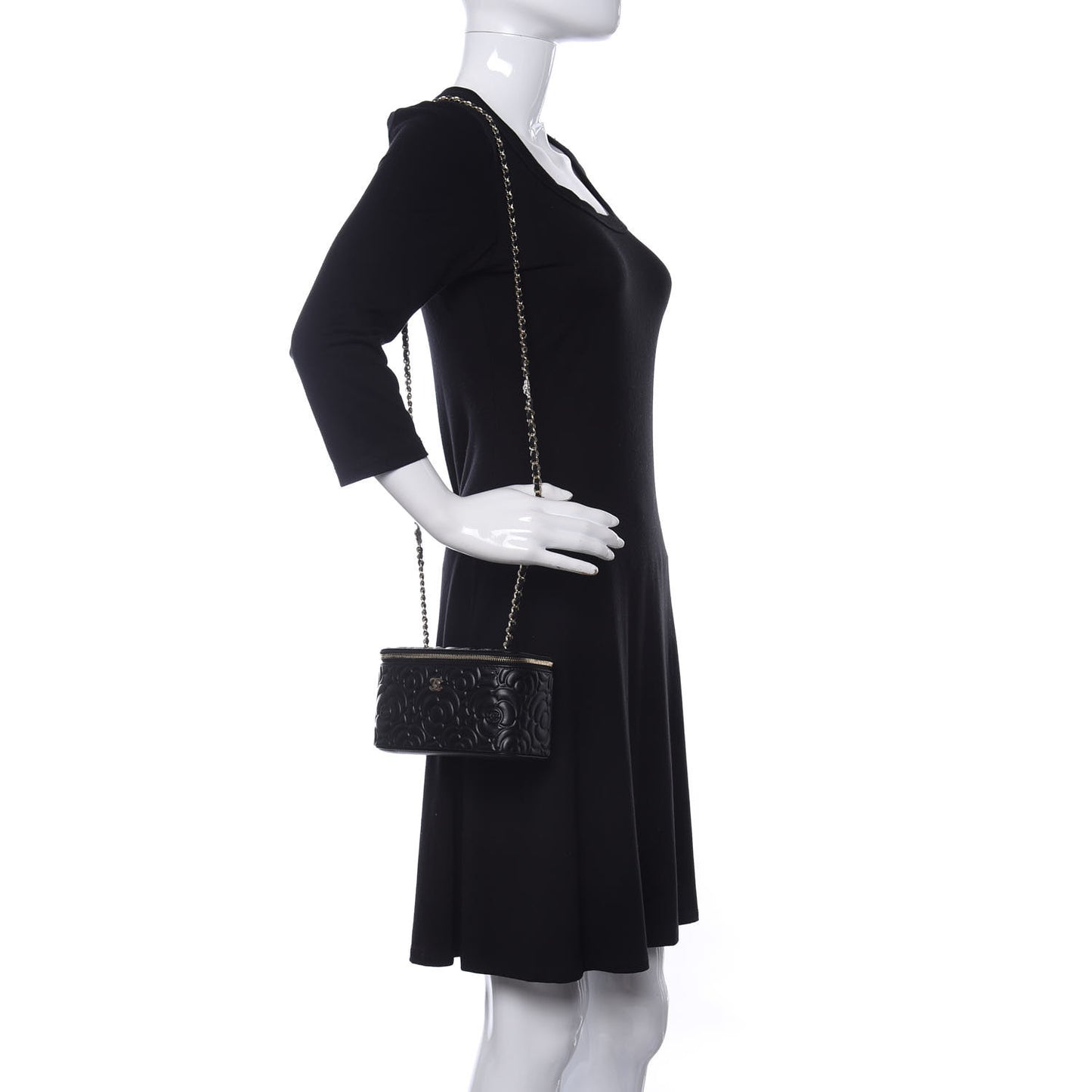 Goatskin Camellia Embossed Quilted Small Vanity Case With Chain Black