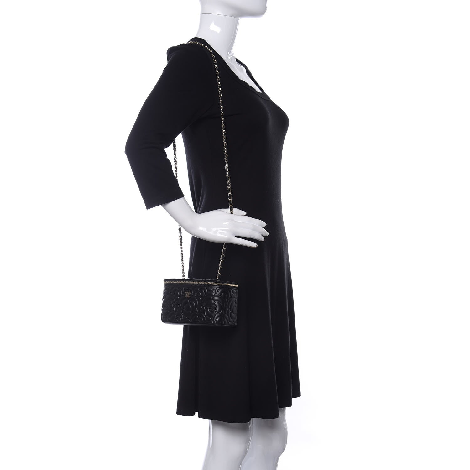 Chanel Goatskin Camellia Embossed Quilted Small Vanity Case With Chain Black 2 of 10