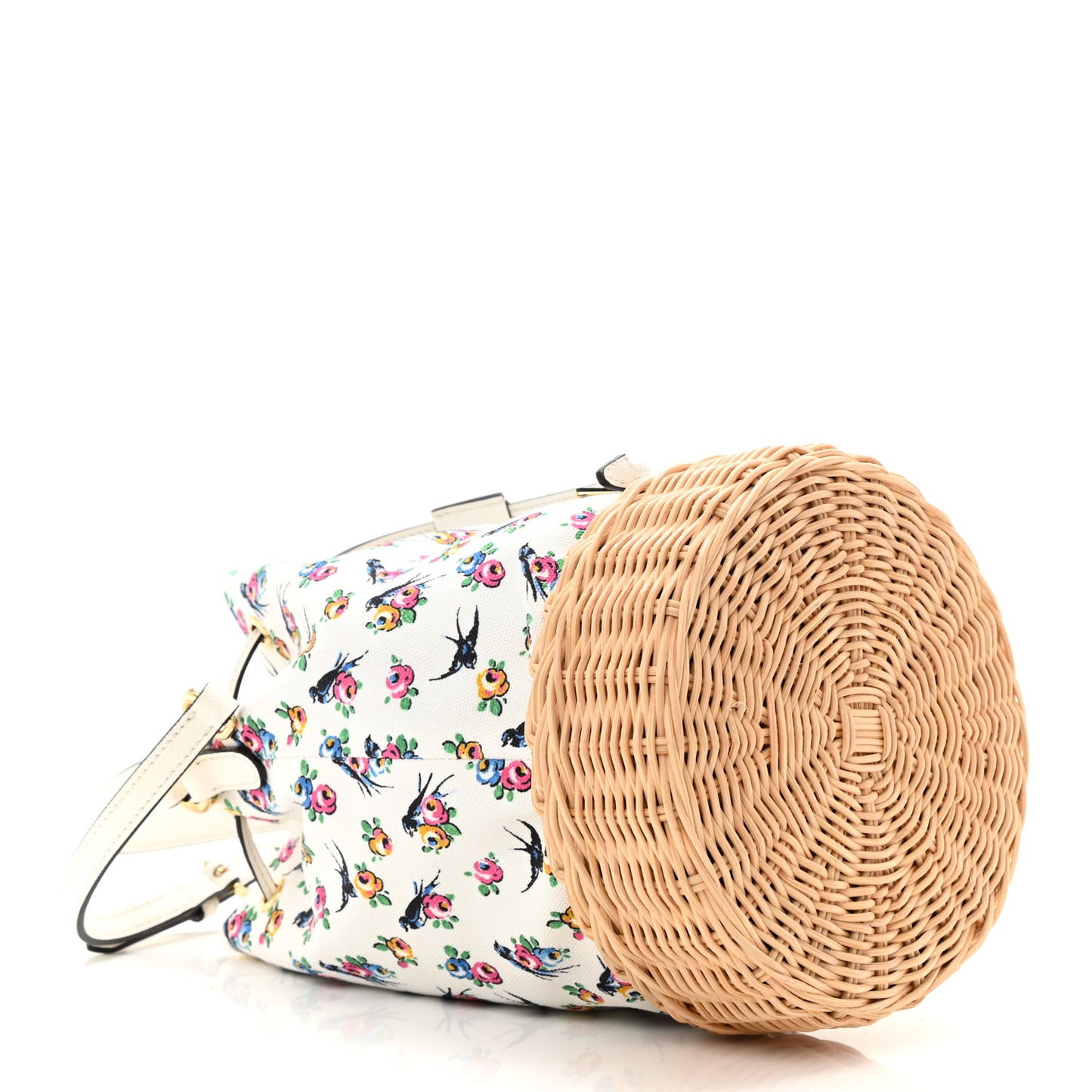 Wicker Canvas Floral Print Bucket Bag White Multicolor