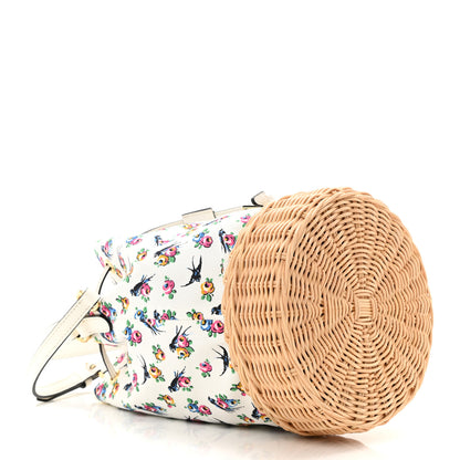 Prada Wicker Canvas Floral Print Bucket Bag White Multicolor 4 of 11
