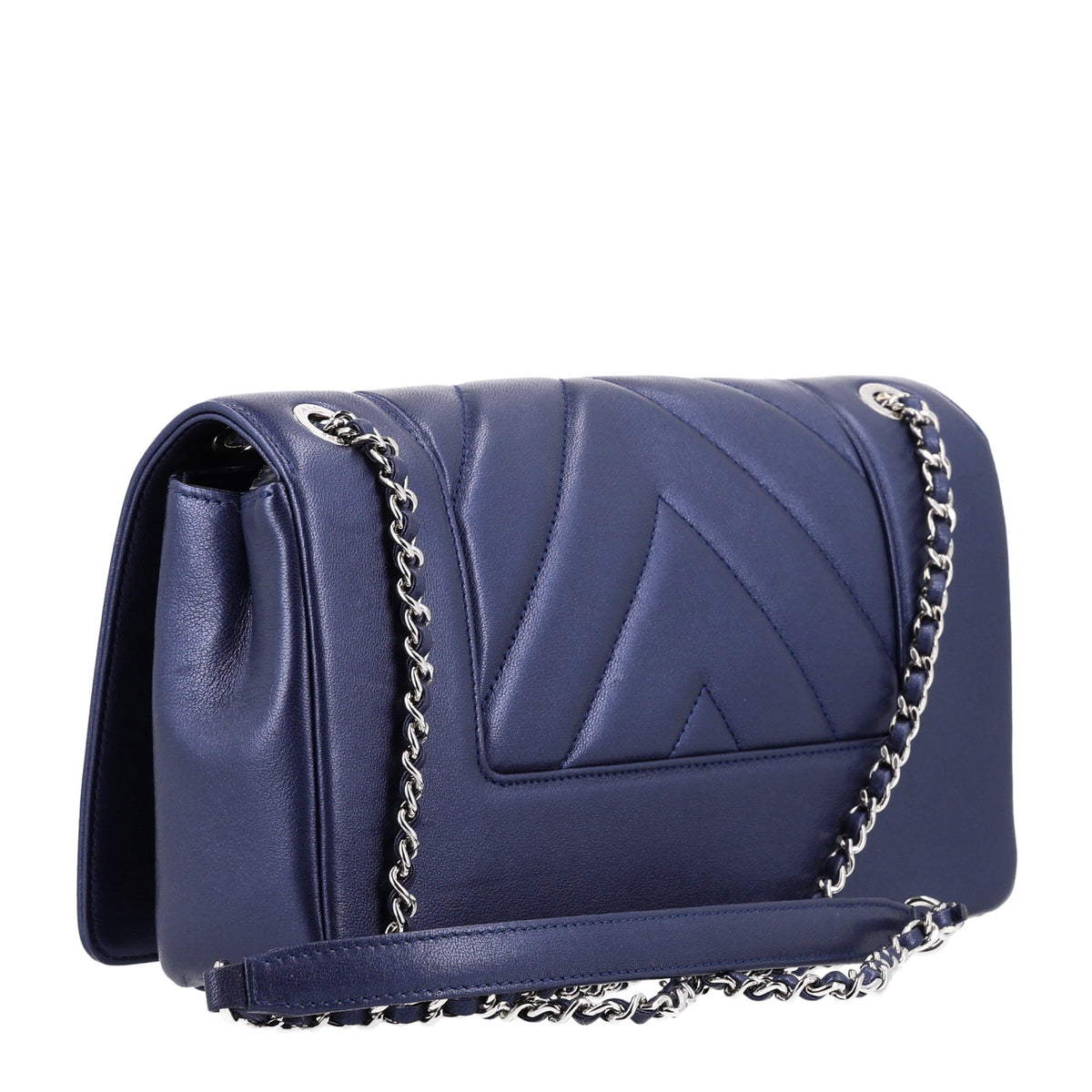 Chanel Metallic Sheepskin Chevron Quilted Medium Vintage Mademoiselle Flap Navy 3 of 10