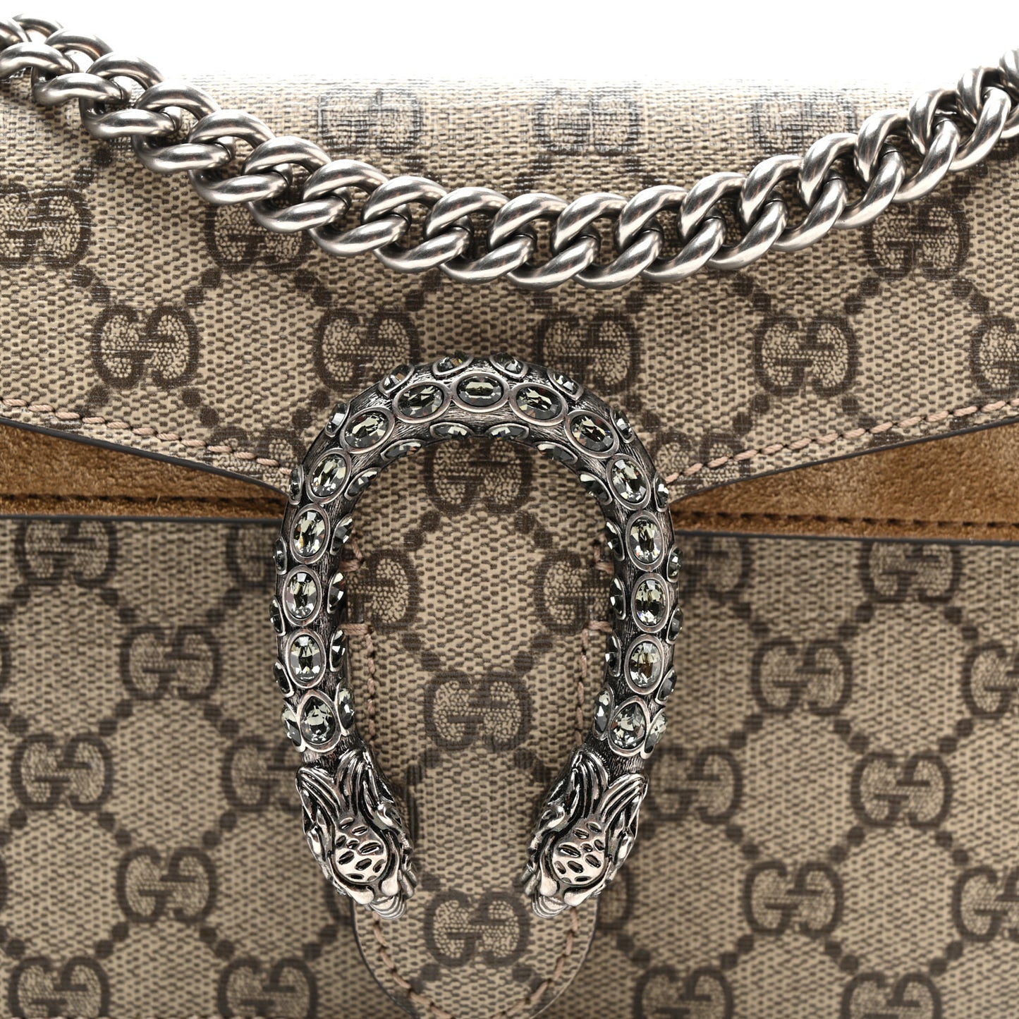 GG Supreme Monogram Suede Crystal Small Dionysus Shoulder Bag Beige Ebony Taupe