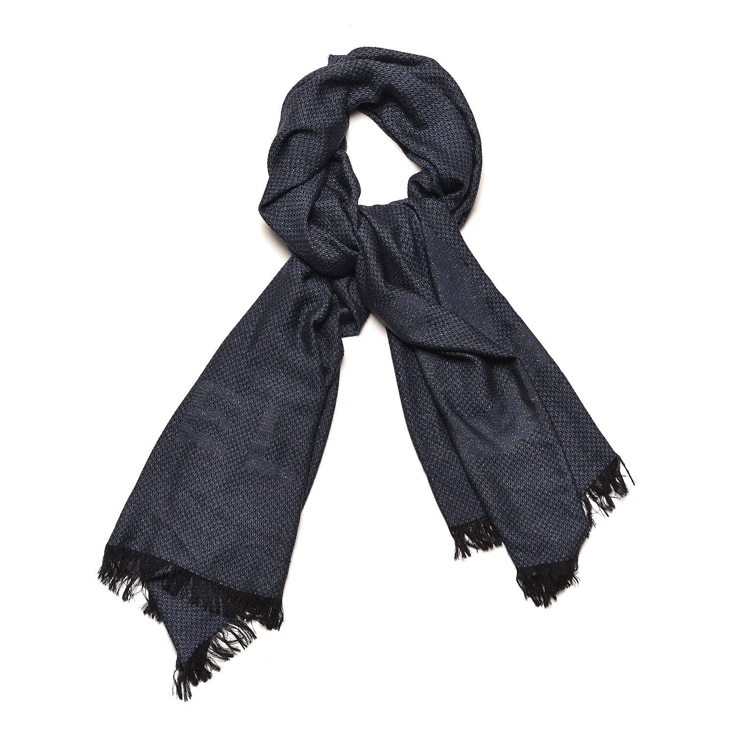 Chanel Cashmere Silk CC Fringe Scarf Blue Black 1 of 6