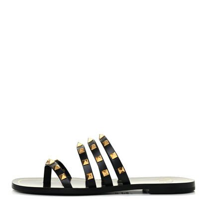 Valentino Garavani Calfskin Rockstud Flair Flat Thong Sandals 37.5 Black 1 of 9