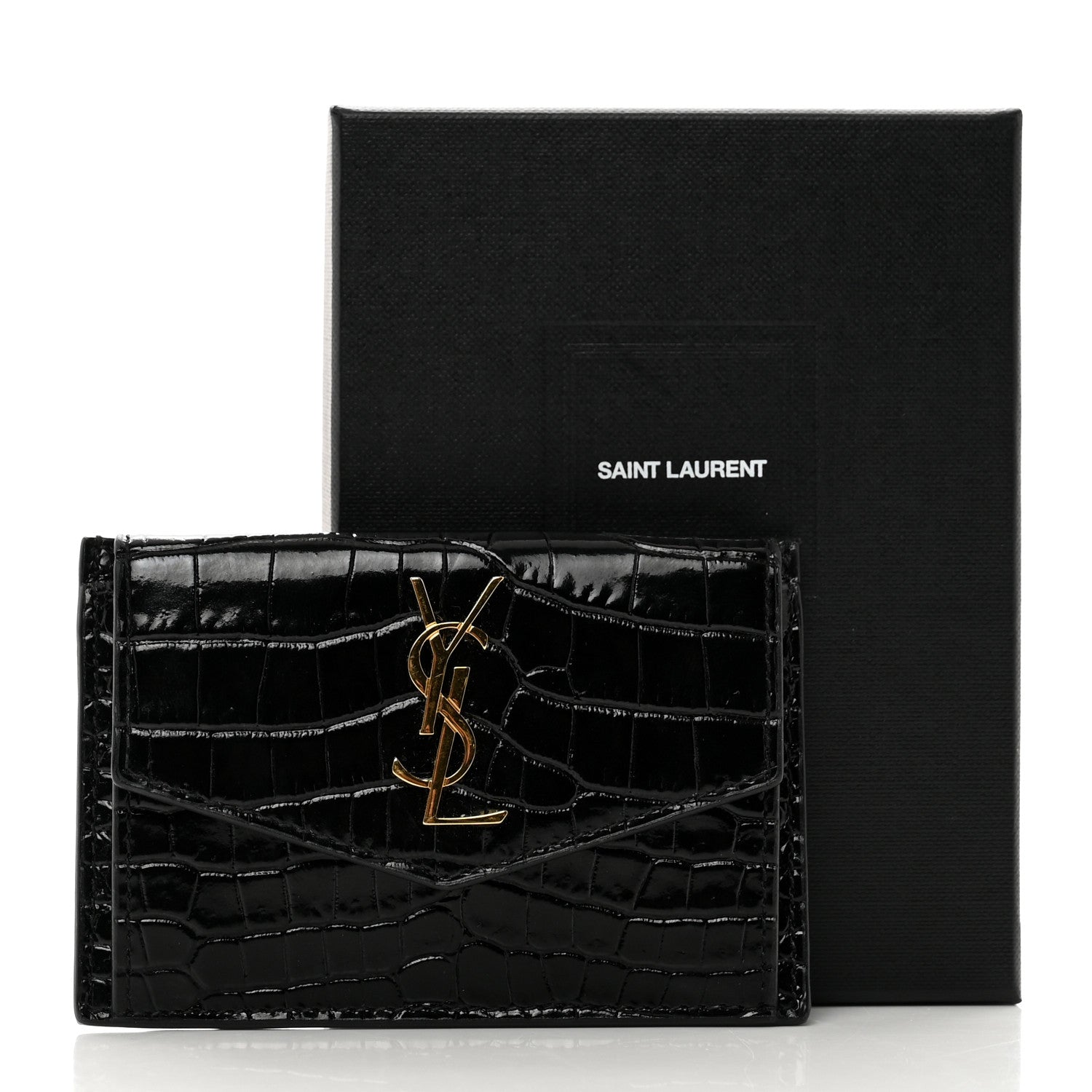 Saint Laurent Calfskin Crocodile Embossed Uptown Monogram Card Case Black 8 of 8