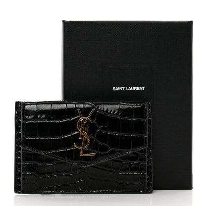 Saint Laurent Calfskin Crocodile Embossed Uptown Monogram Card Case Black 8 of 8
