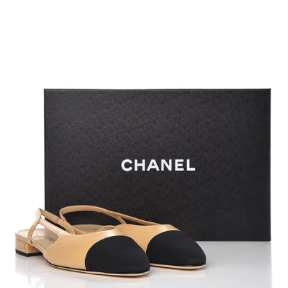 Chanel Lambskin Grosgrain Cap Toe CC Slingback Sandals 36 Beige Black 8 of 8