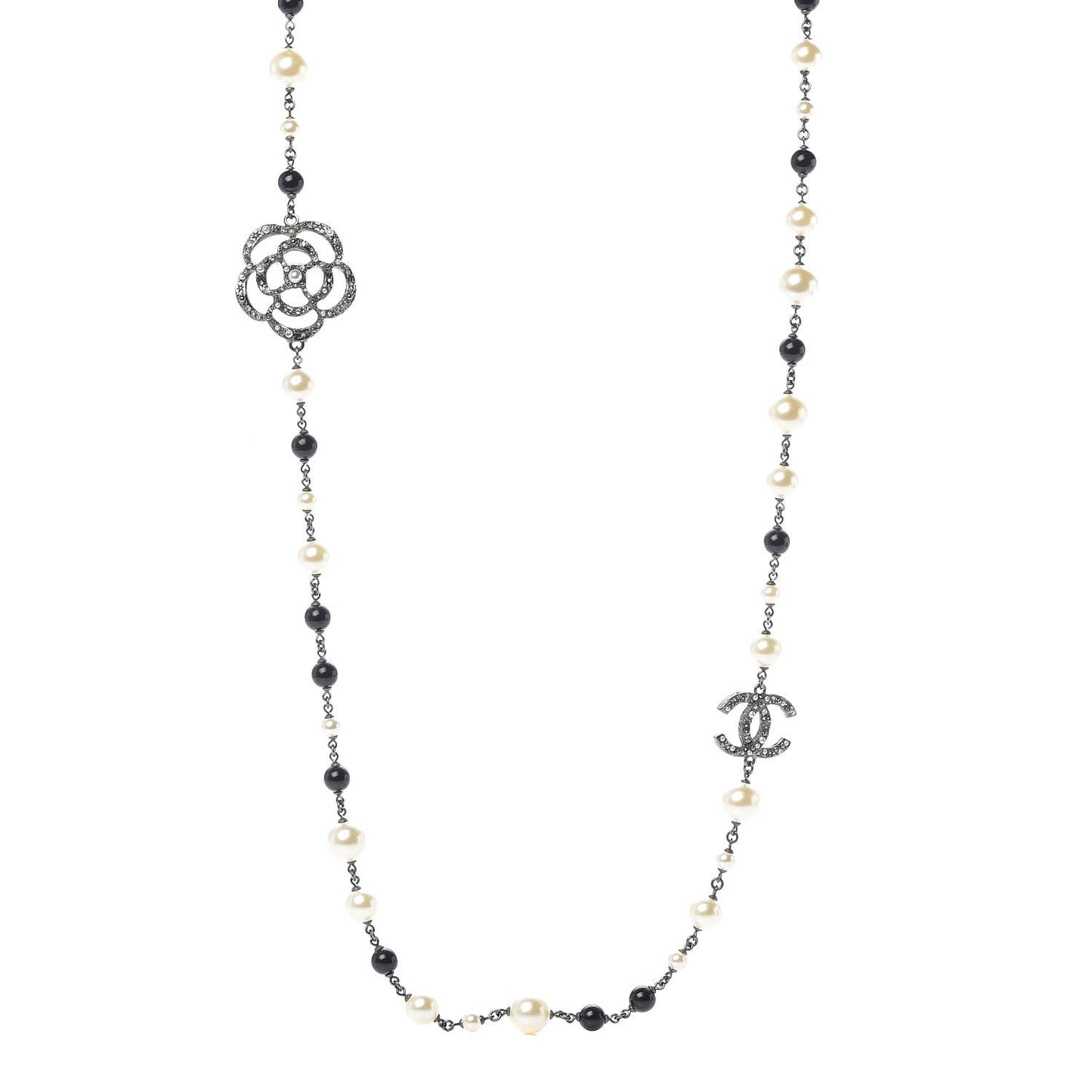 Pearl Crystal Camellia CC Long Necklace Silver