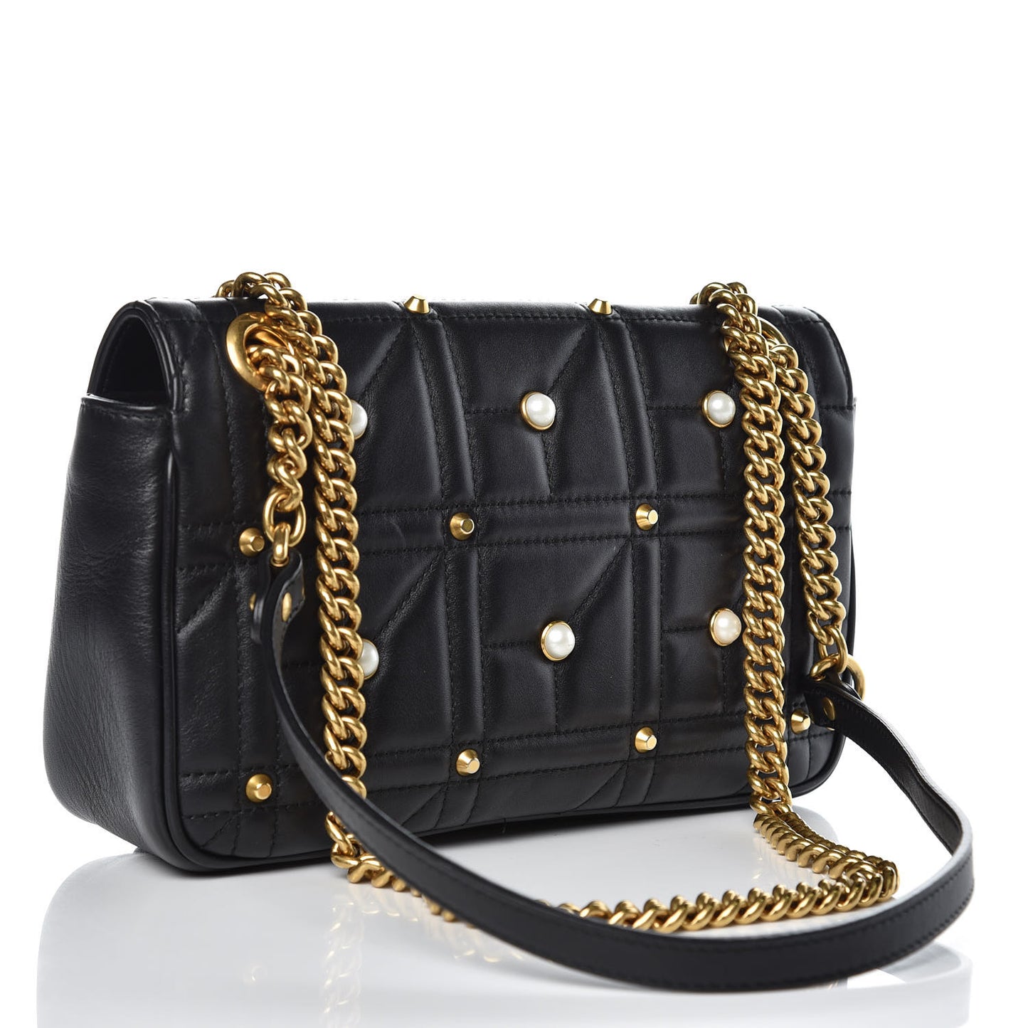 Calfskin Matelasse Studded Small Pearly GG Marmont Shoulder Bag Black