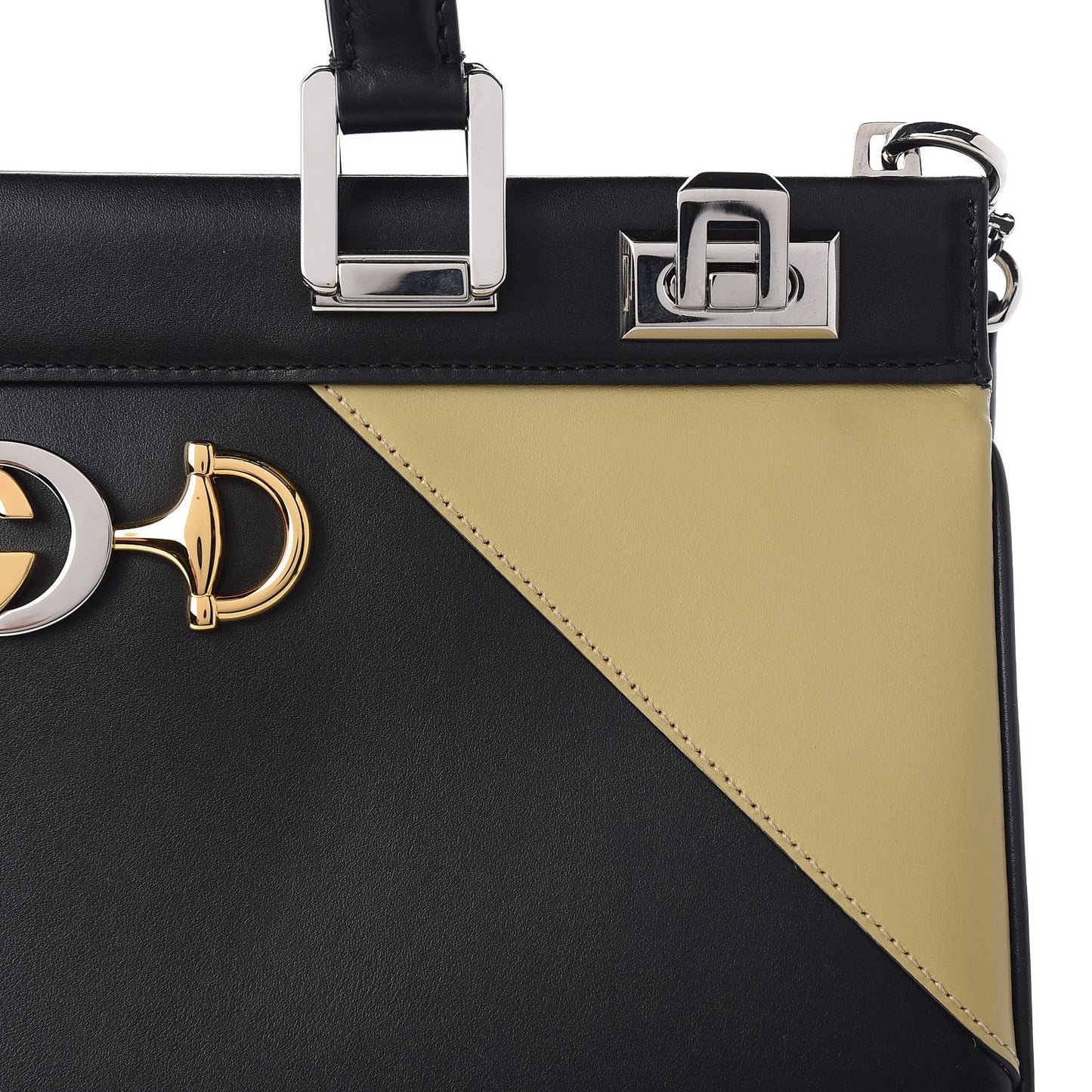 Smooth Calfskin Diagonal Striped Medium Zumi Top Handle Bag Black Beige
