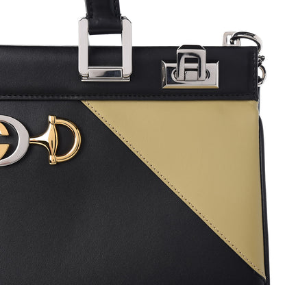 Gucci Smooth Calfskin Diagonal Striped Medium Zumi Top Handle Bag Black Beige 10 of 10