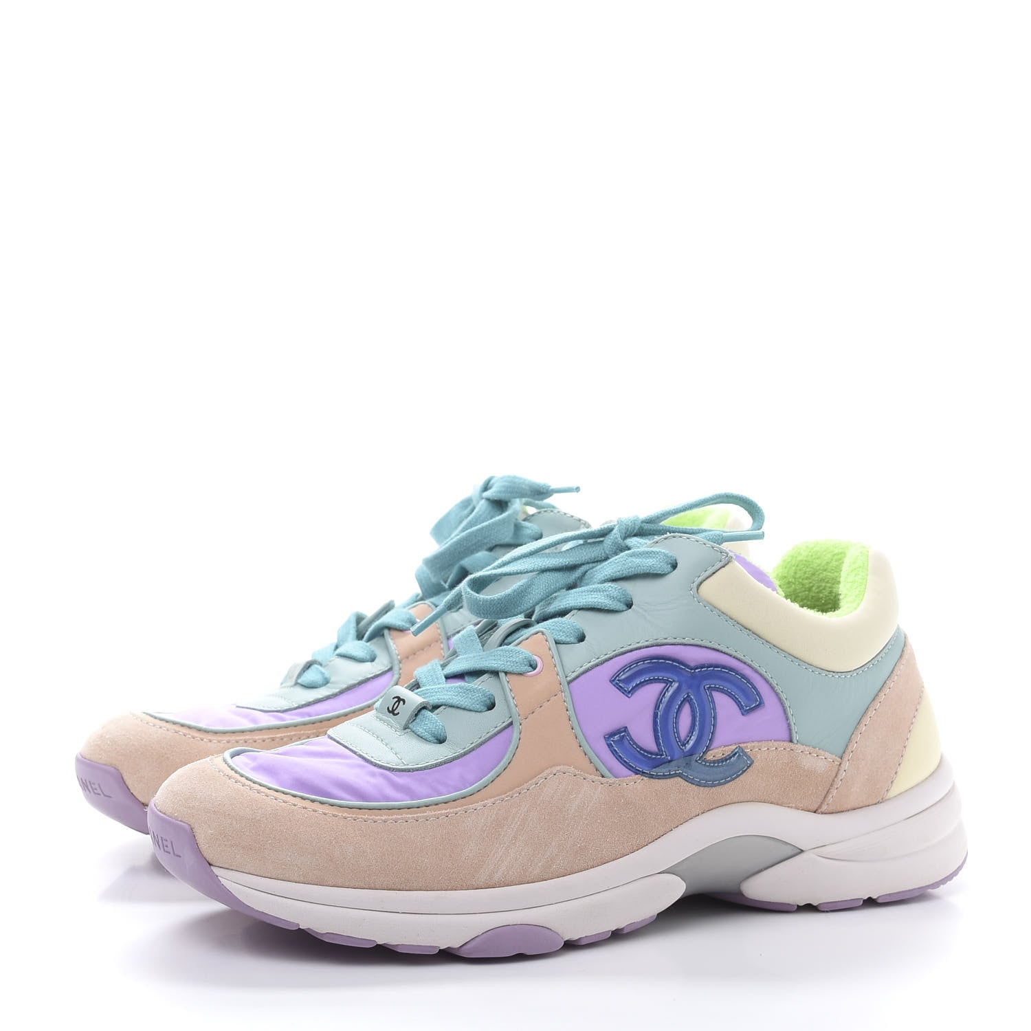 Chanel Nylon Lambskin Suede Calfskin CC Sneakers 37.5 Green Purple Pink 3 of 9