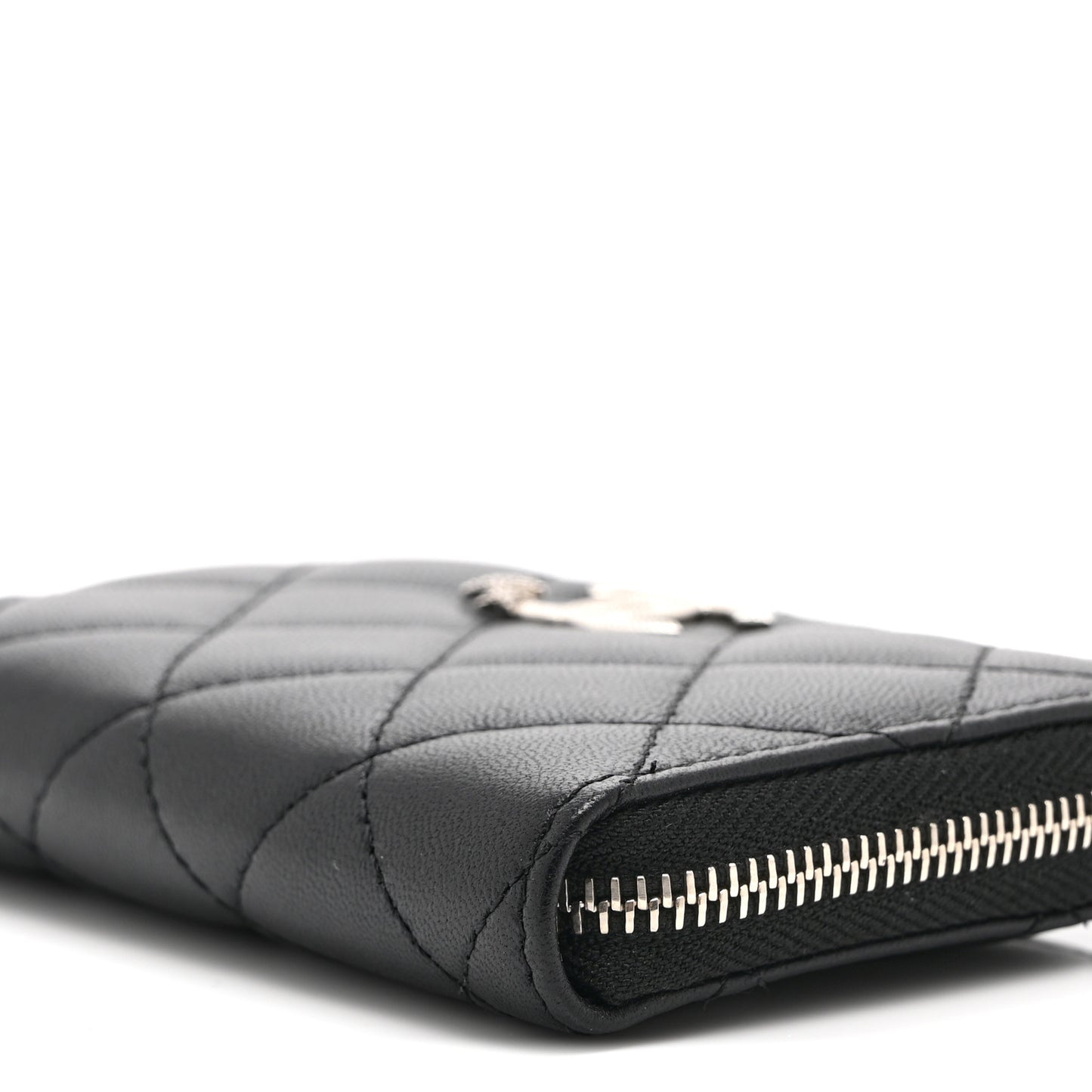 Lambskin Crystal Star Quilted Studded CC Zip Around Card Holder Wallet Black