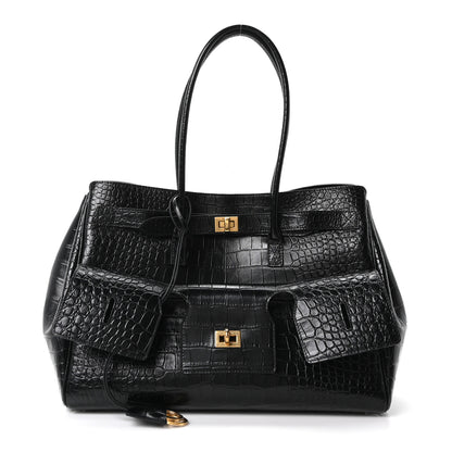 Balenciaga Crocodile Embossed Calfskin Medium Bel Air Carry All Bag Black 1 of 9