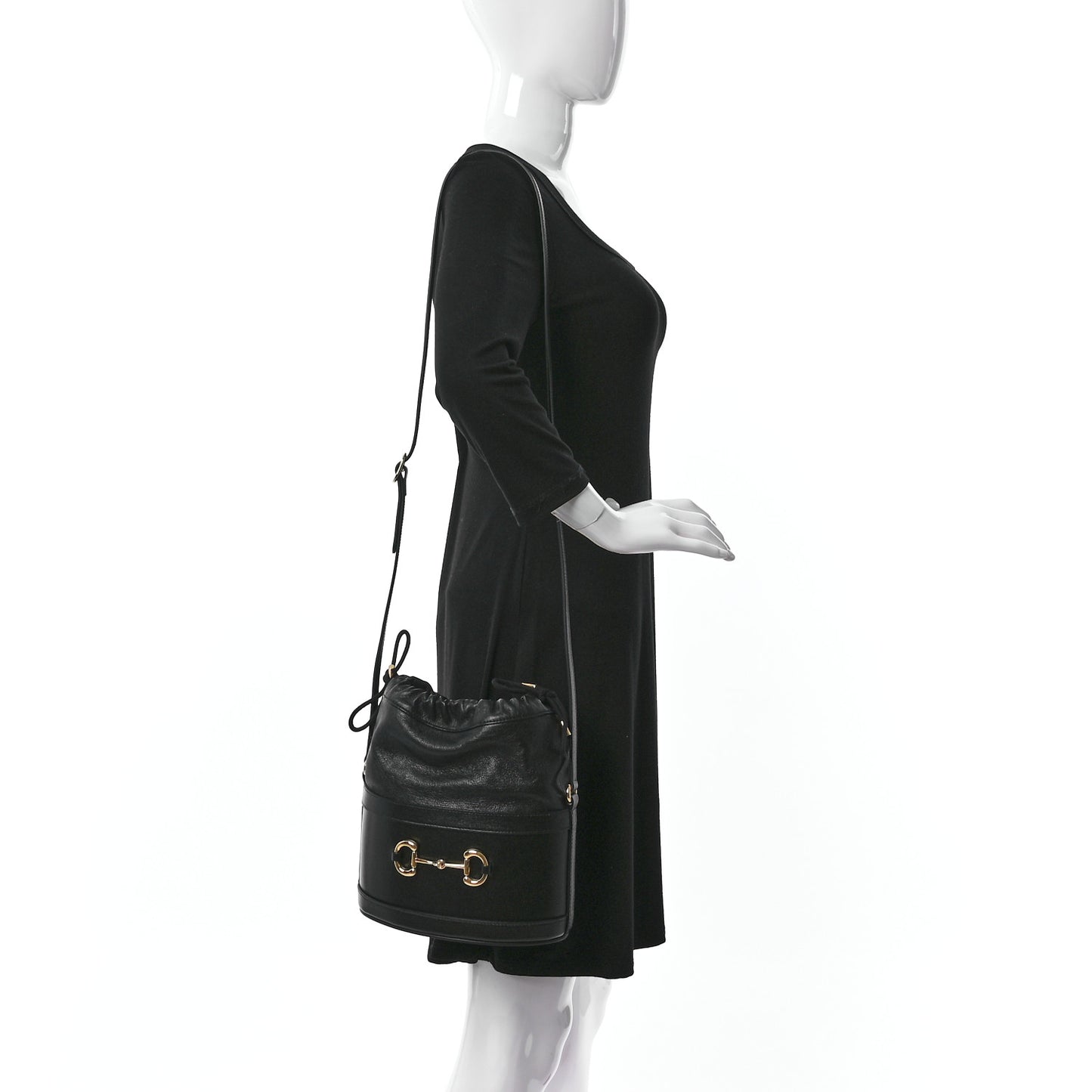 Azalea Sakai Calfskin Horsebit 1955 Drawstring Bucket Bag Black