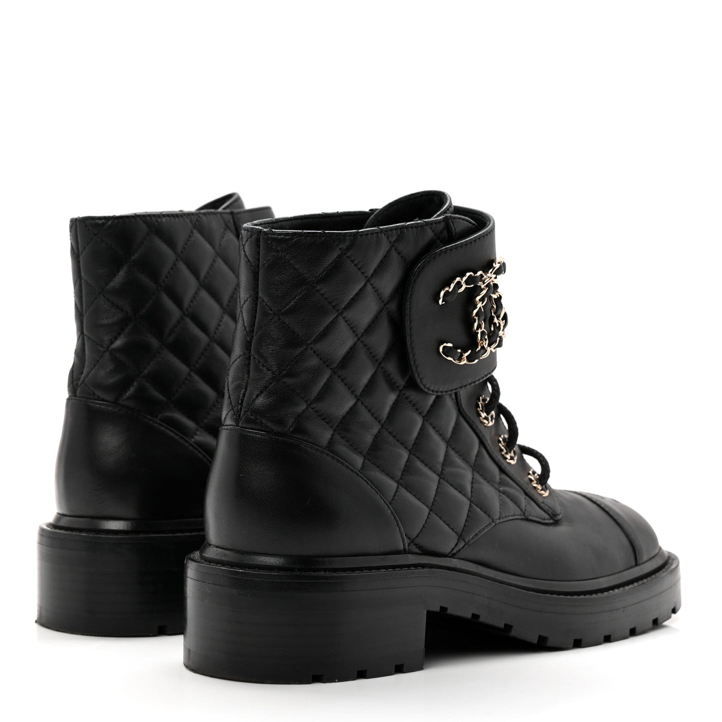 Shiny Lambskin Quilted Lace Up Combat Boots 38.5 Black