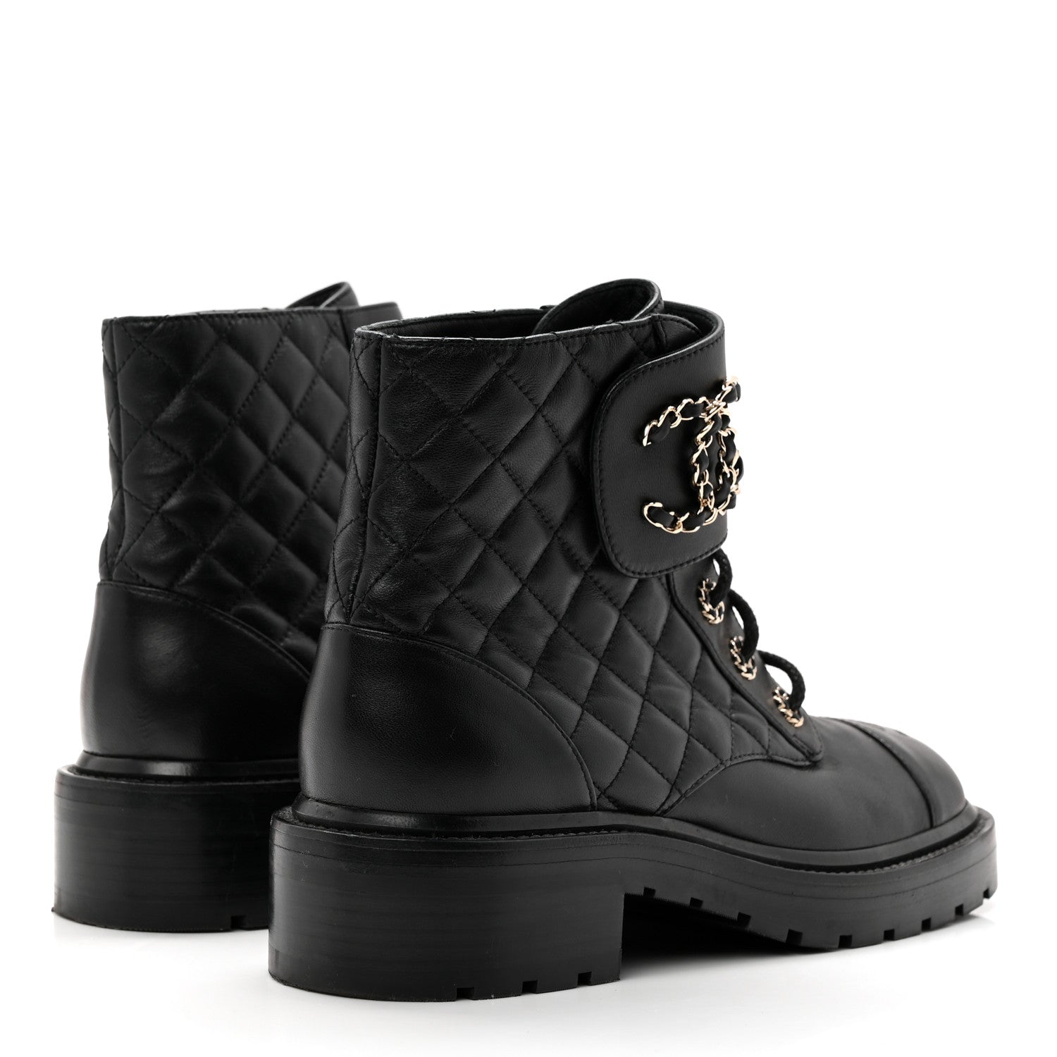 Chanel Shiny Lambskin Quilted Lace Up Combat Boots 38.5 Black 4 of 9