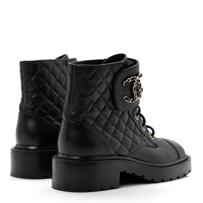 Chanel Shiny Lambskin Quilted Lace Up Combat Boots 38.5 Black 4 of 9