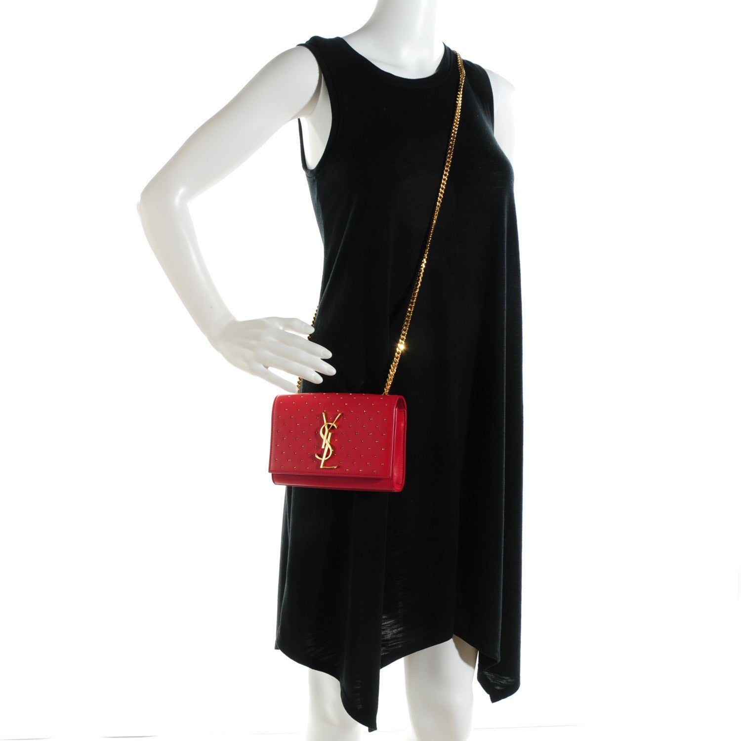Saint Laurent Calfskin Studded Small Monogram Satchel Red 2 of 7