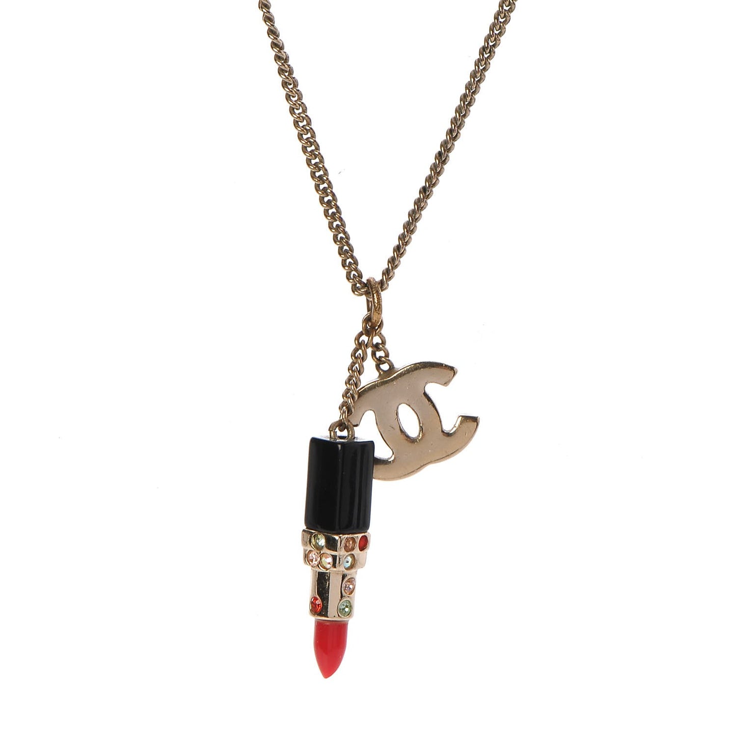 Resin Crystal Lipstick CC Necklace Gold