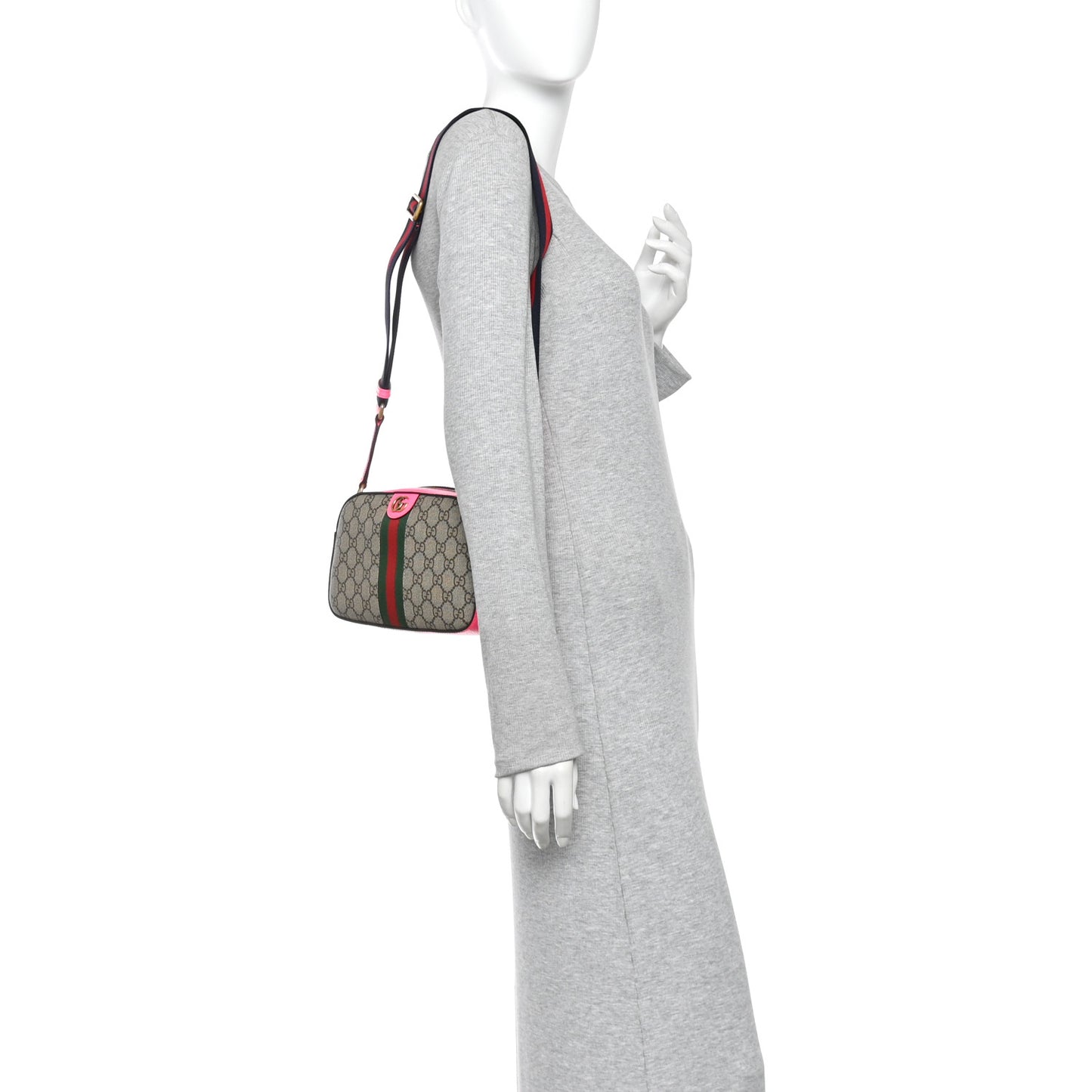 GG Supreme Monogram Textured Dollar Calfskin Web Ophidia Small Crossbody Bag Beige Ebony Fuchsia