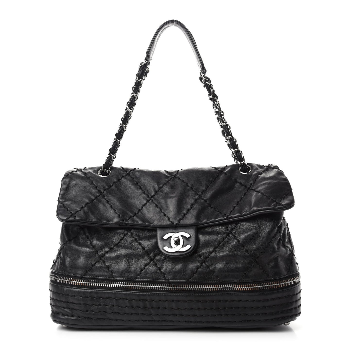 Calfskin Stitched Large Expandable Flap Bag Black