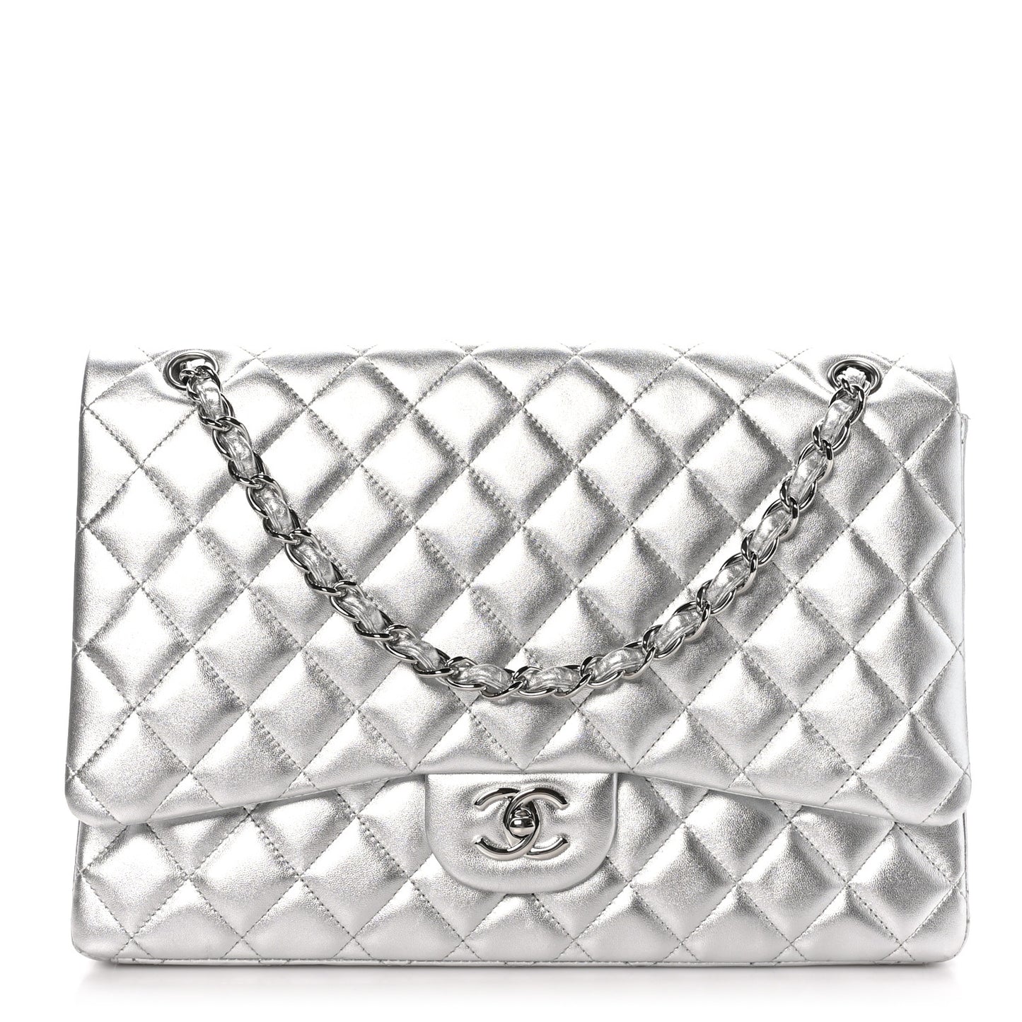 Metallic Lambskin Quilted Maxi Single Flap Silver
