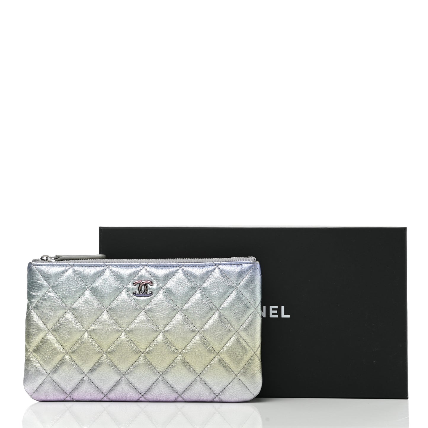 Gradient Metallic Calfskin Quilted Cosmetic Case Silver Blue Yellow Purple