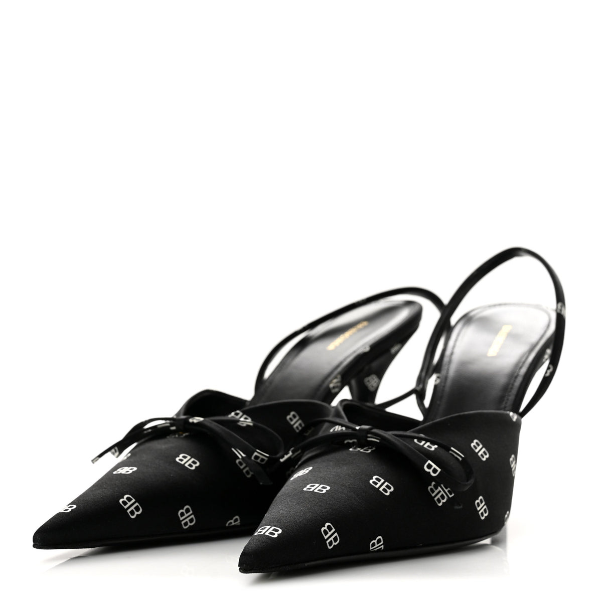 Satin BB Logo Pointed Toe Knife Slingback Mules 38 Black White