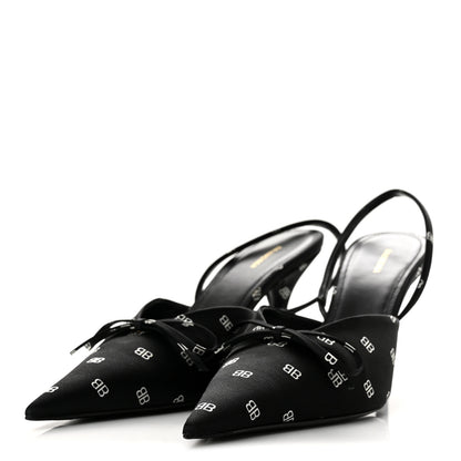 Balenciaga Satin BB Logo Pointed Toe Knife Slingback Mules 38 Black White 4 of 11