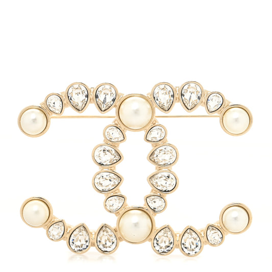 Pearl Crystal CC Brooch Gold