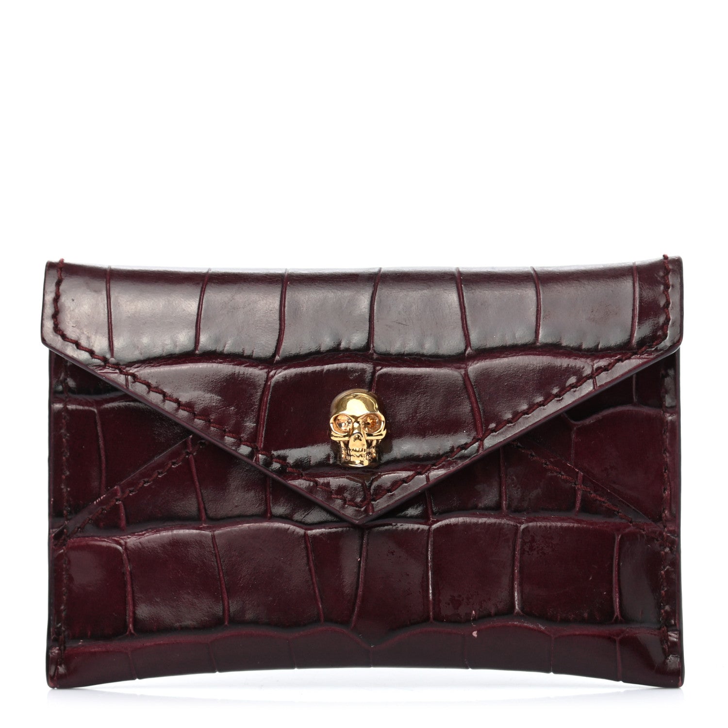Alexander McQueen Calfskin Crocodile Embossed Skull Envelope Card Holder Burgundy 1 of 8