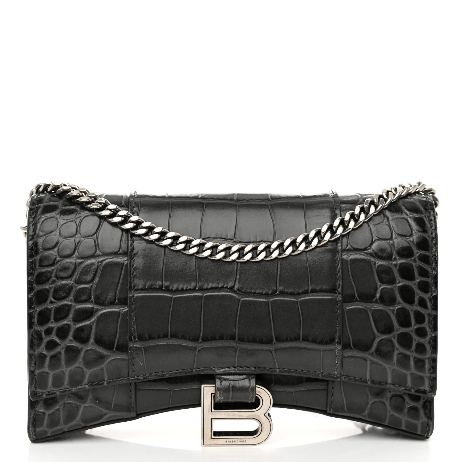 Balenciaga Shiny Calfskin Crocodile Embossed Hourglass Chain Bag Gris 1 of 11