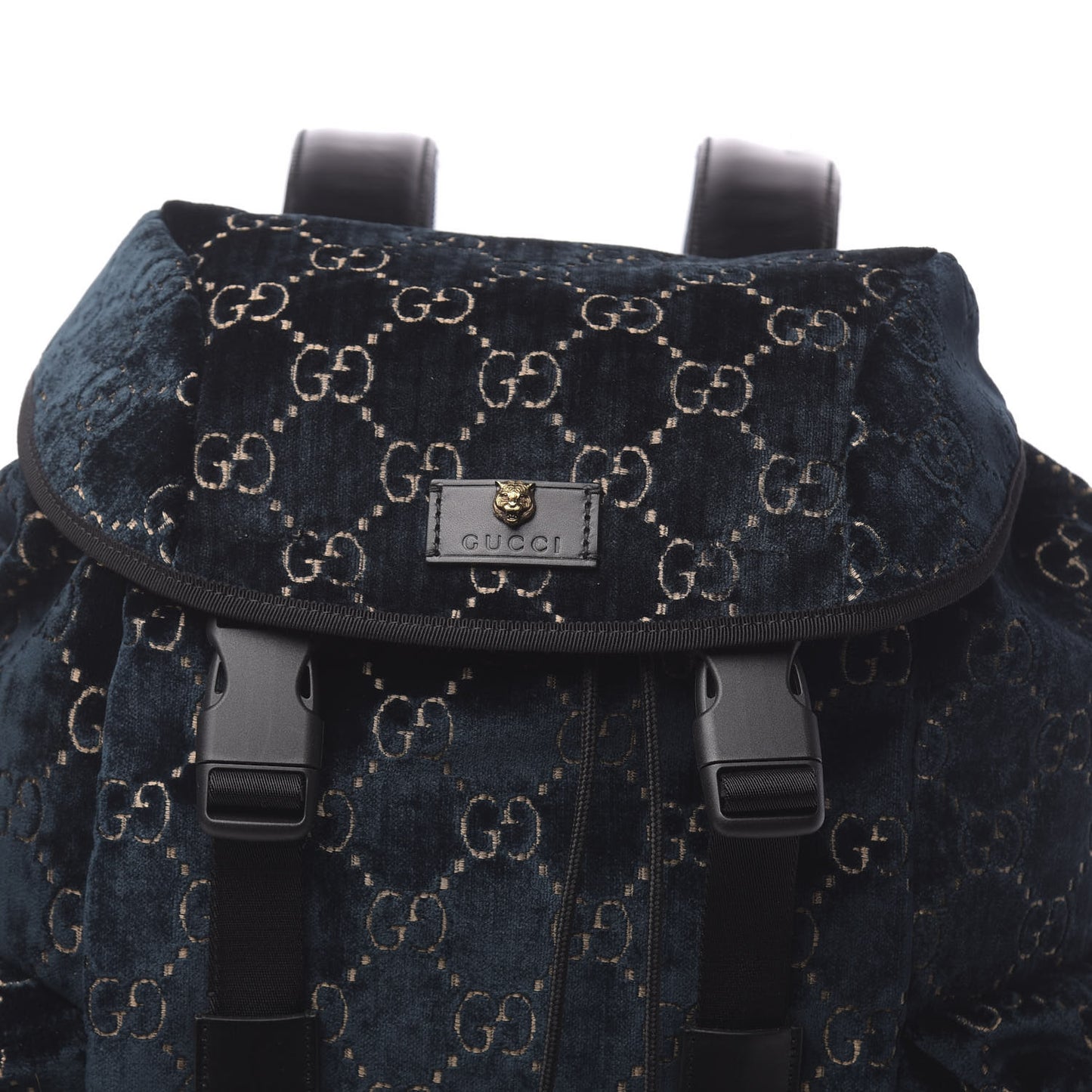 Velvet GG Monogram Web Medium Double Buckle Backpack Blue Beige Black